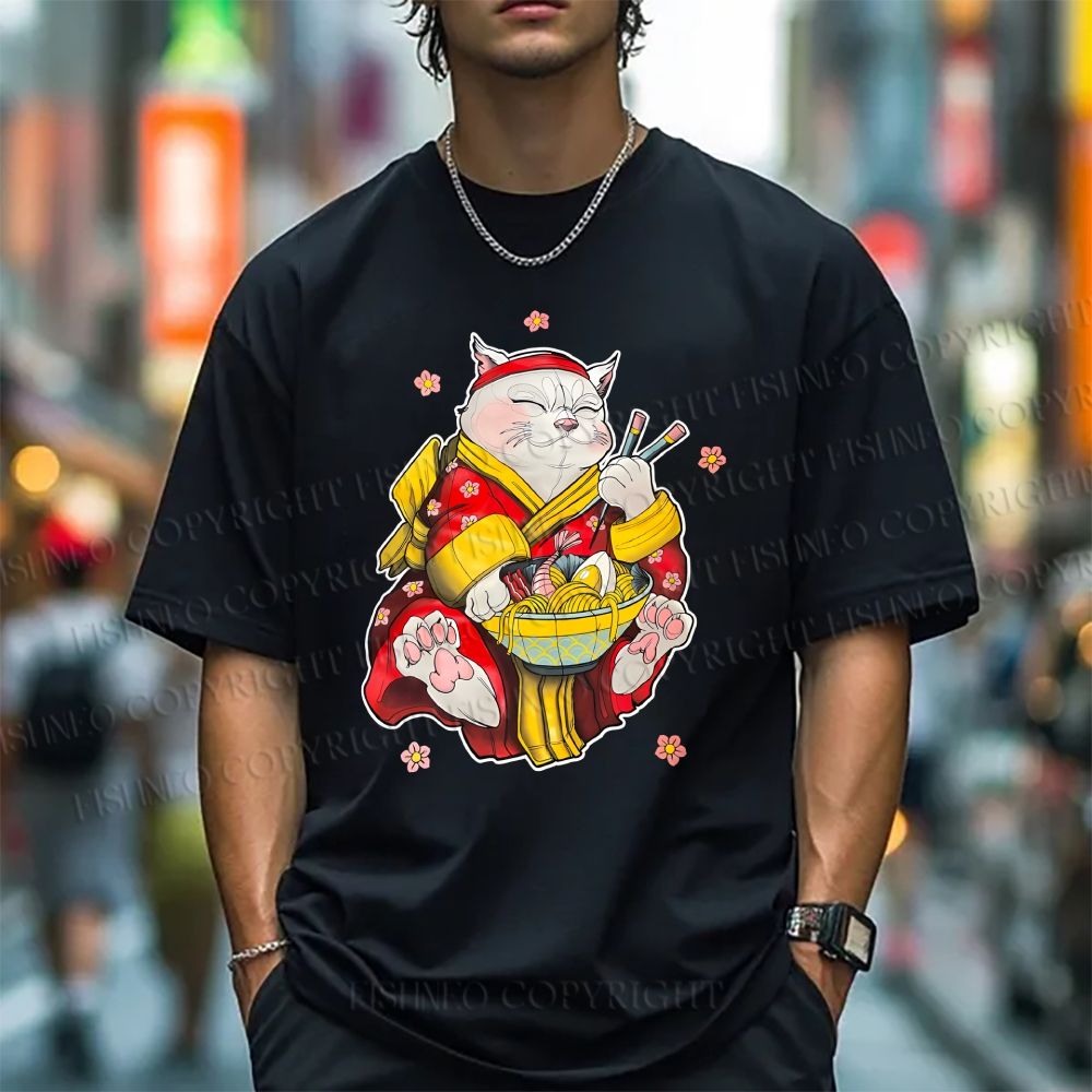 Unisex Japanese Cat Having Noodle Classic Cotton T-shirt