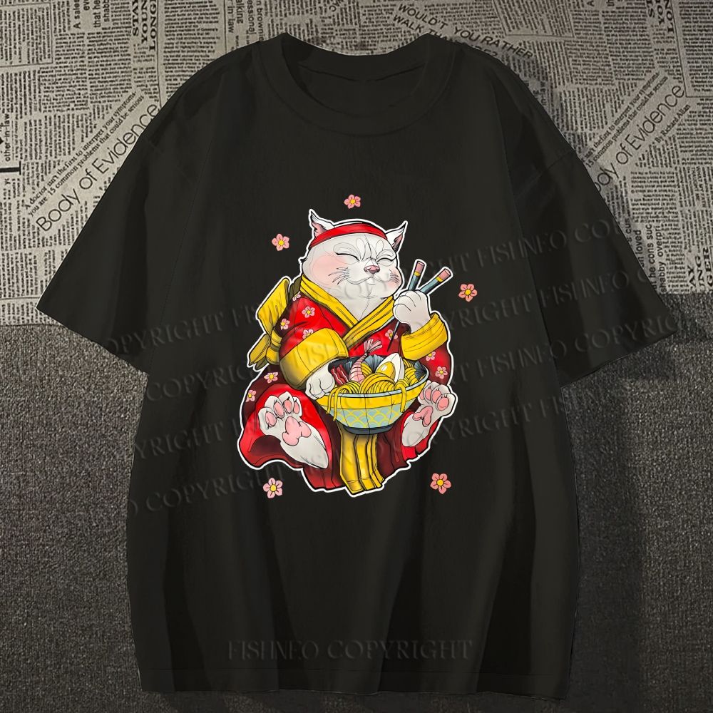 Unisex Japanese Cat Having Noodle Classic Cotton T-shirt
