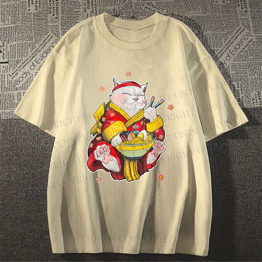 Unisex Japanese Cat Having Noodle Classic Cotton T-shirt