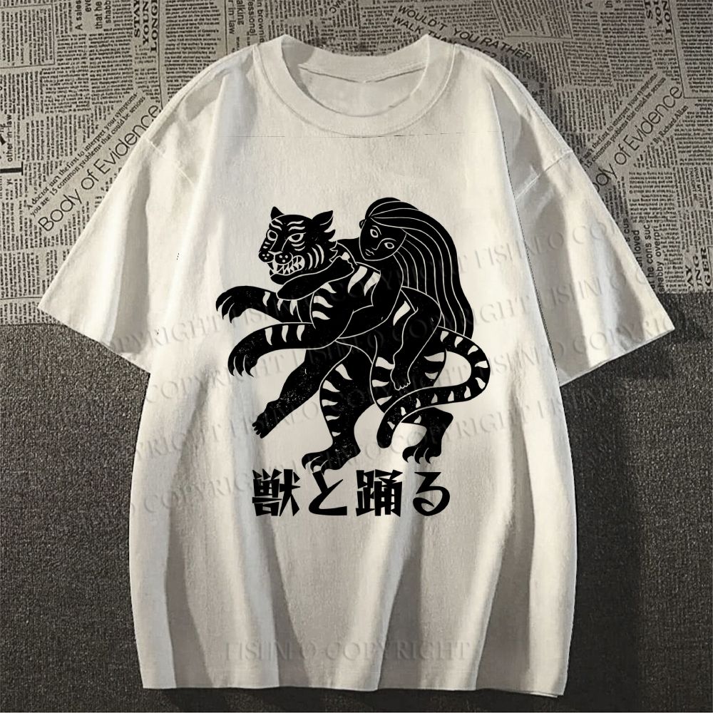 Unisex Vintage Japanese Tiger Dancing With Woman Classic Cotton T-shirt