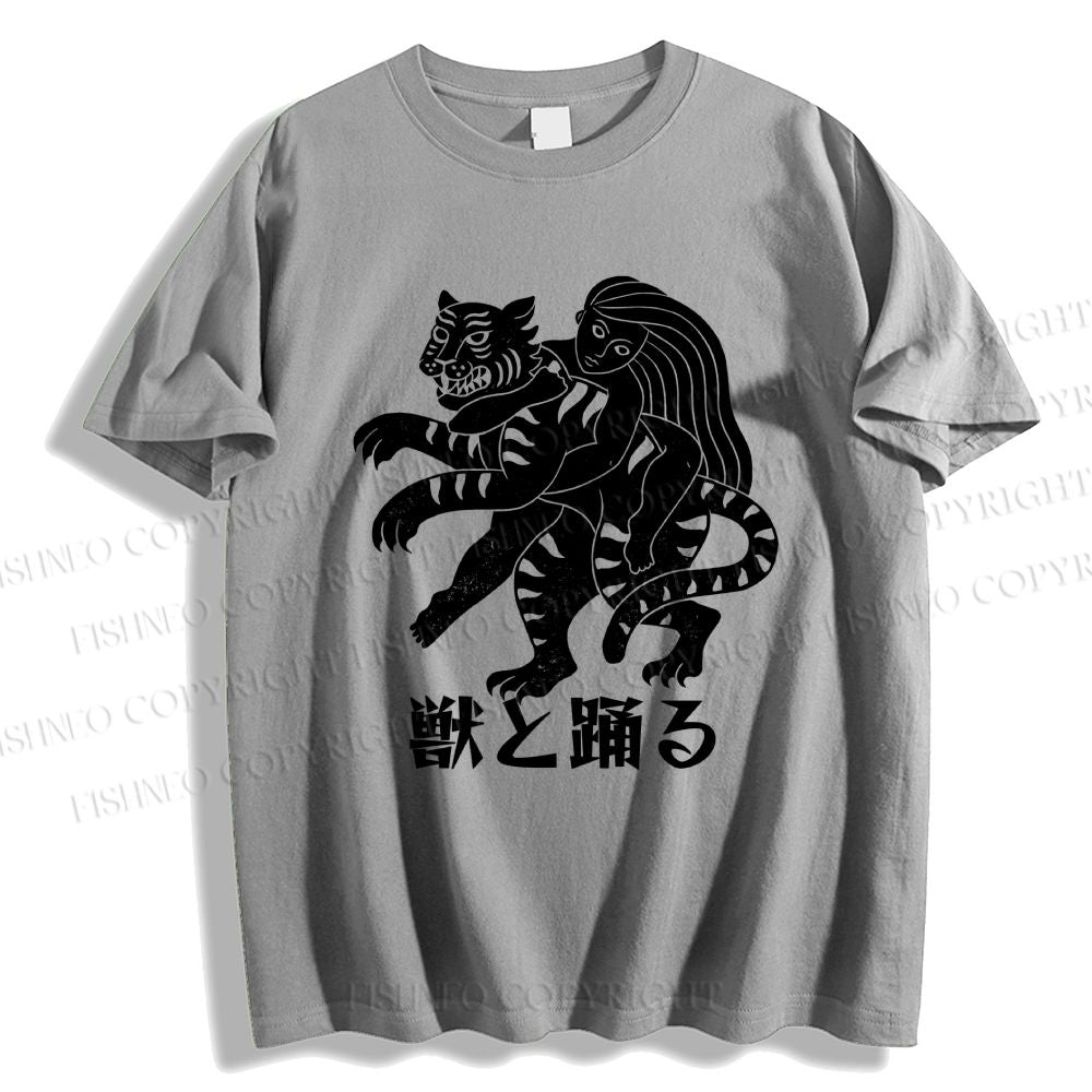 Unisex Vintage Japanese Tiger Dancing With Woman Classic Cotton T-shirt