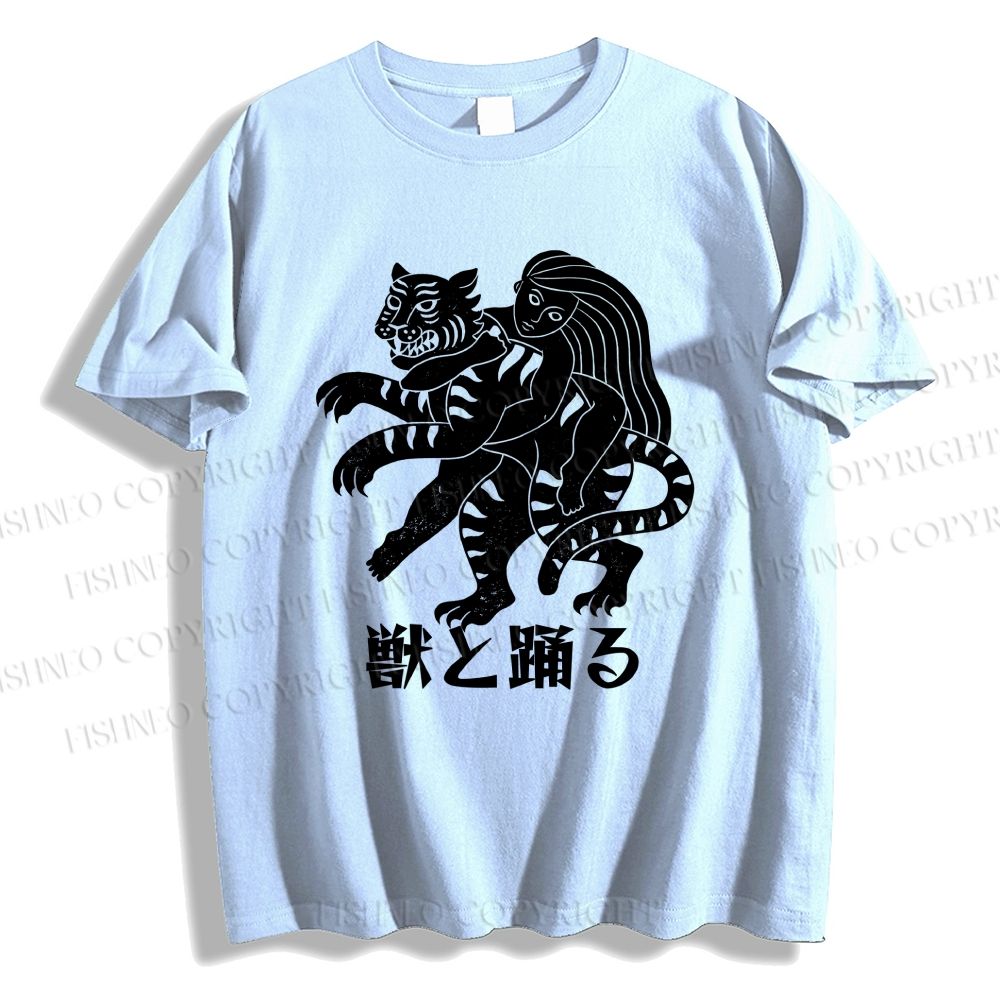 Unisex Vintage Japanese Tiger Dancing With Woman Classic Cotton T-shirt