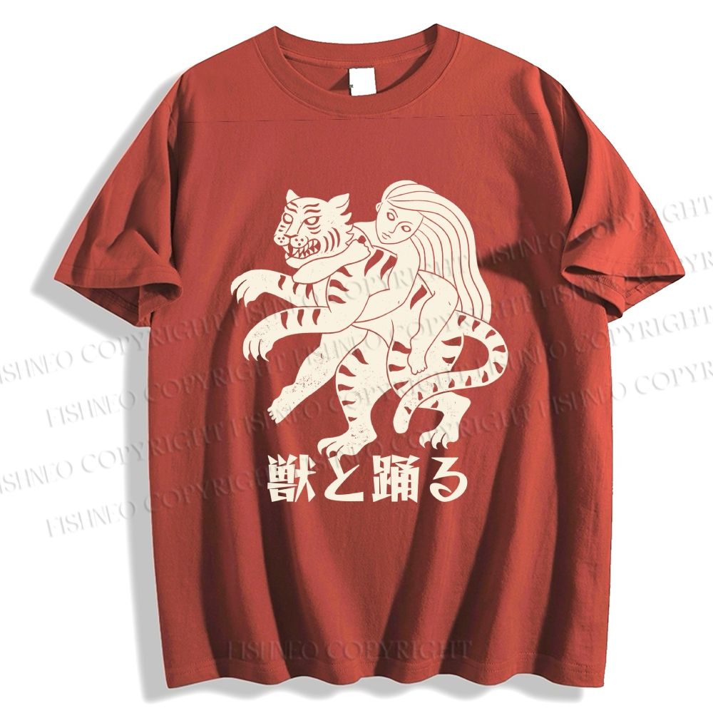 Unisex Vintage Japanese Tiger Dancing With Woman Classic Cotton T-shirt