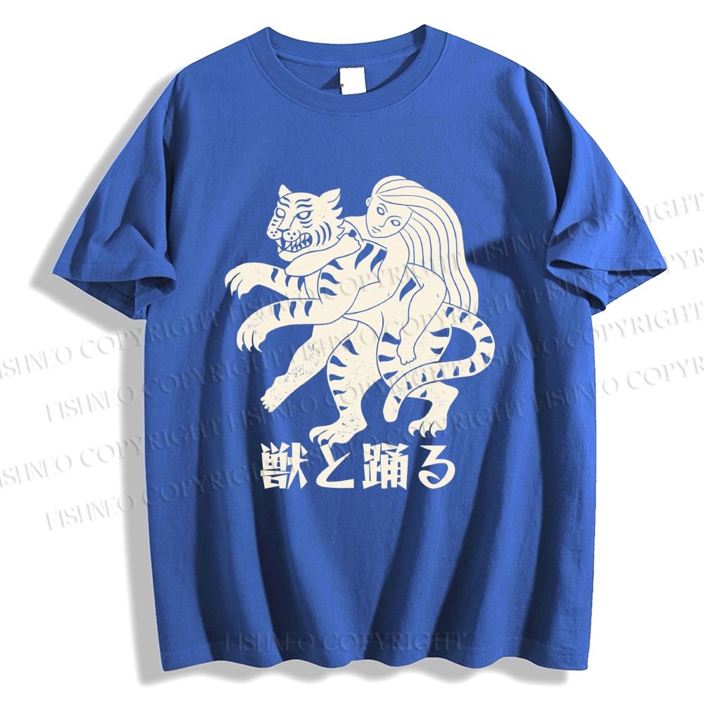 Unisex Vintage Japanese Tiger Dancing With Woman Classic Cotton T-shirt