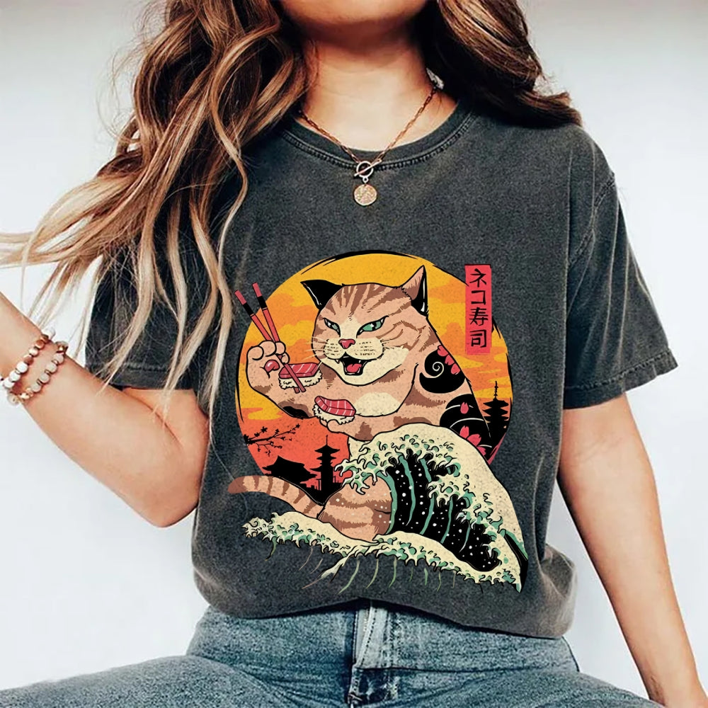 Ukiyoe Cat Washed T-Shirt