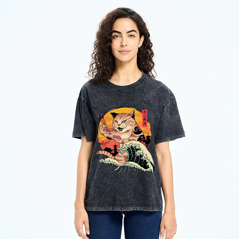 Ukiyoe Cat Washed T-Shirt