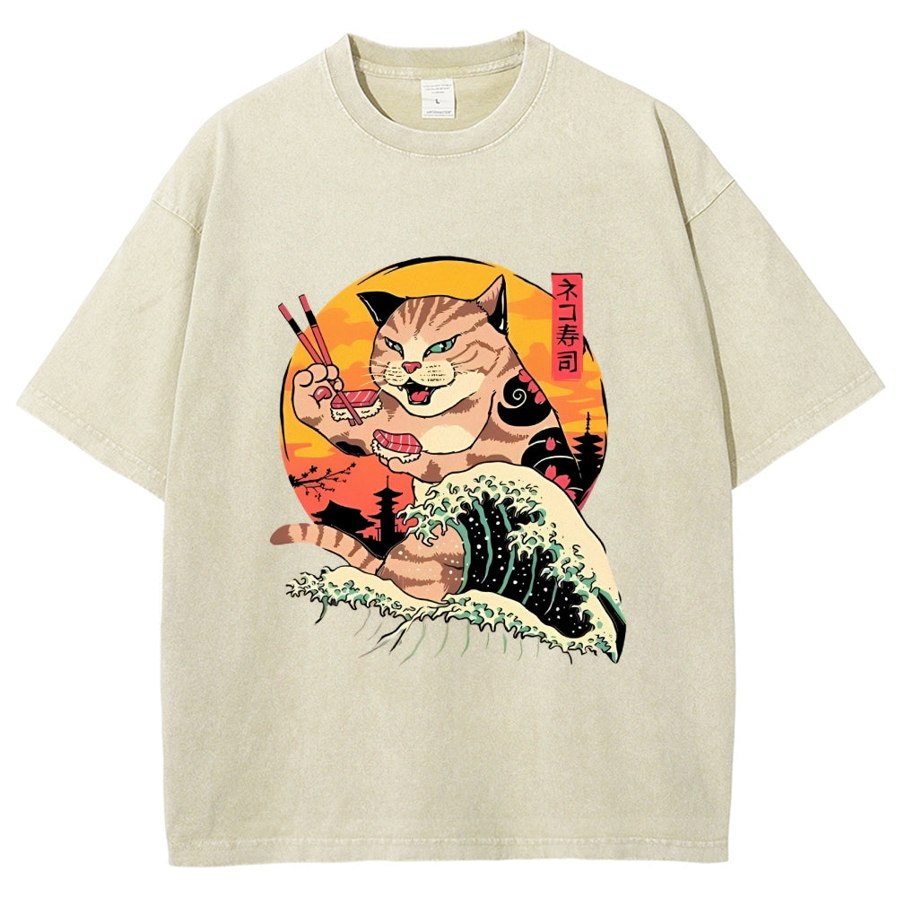 Ukiyoe Cat Washed T-Shirt