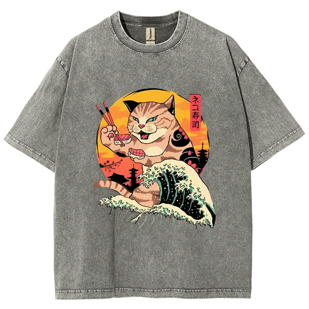 Ukiyoe Cat Washed T-Shirt