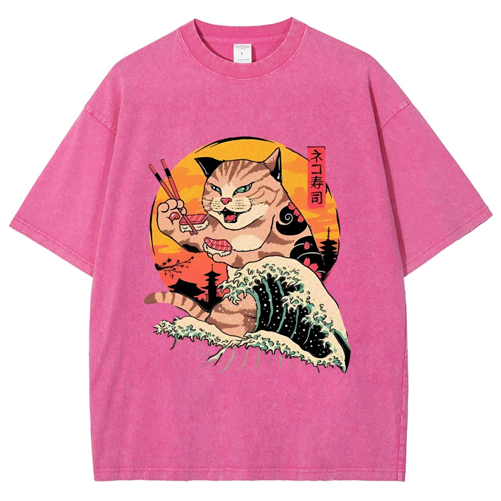 Ukiyoe Cat Washed T-Shirt