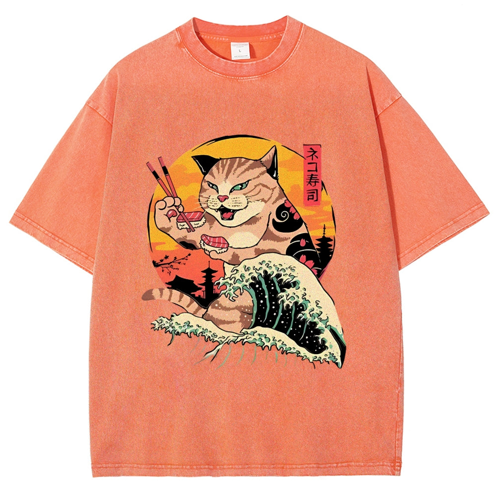 Ukiyoe Cat Washed T-Shirt