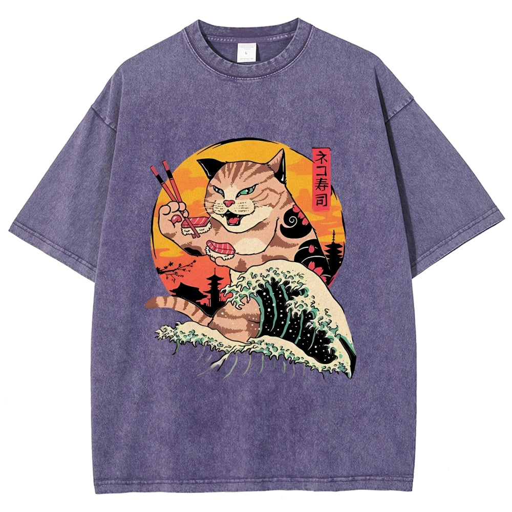 Ukiyoe Cat Washed T-Shirt