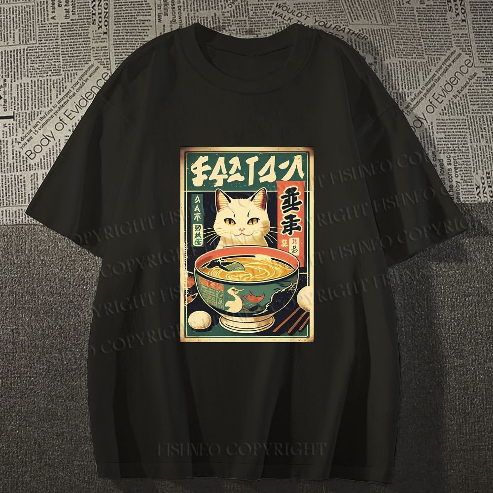Unisex Japanese Cat Having Noodle Classic Cotton T-shirt