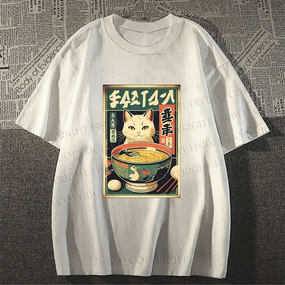 Unisex Japanese Cat Having Noodle Classic Cotton T-shirt