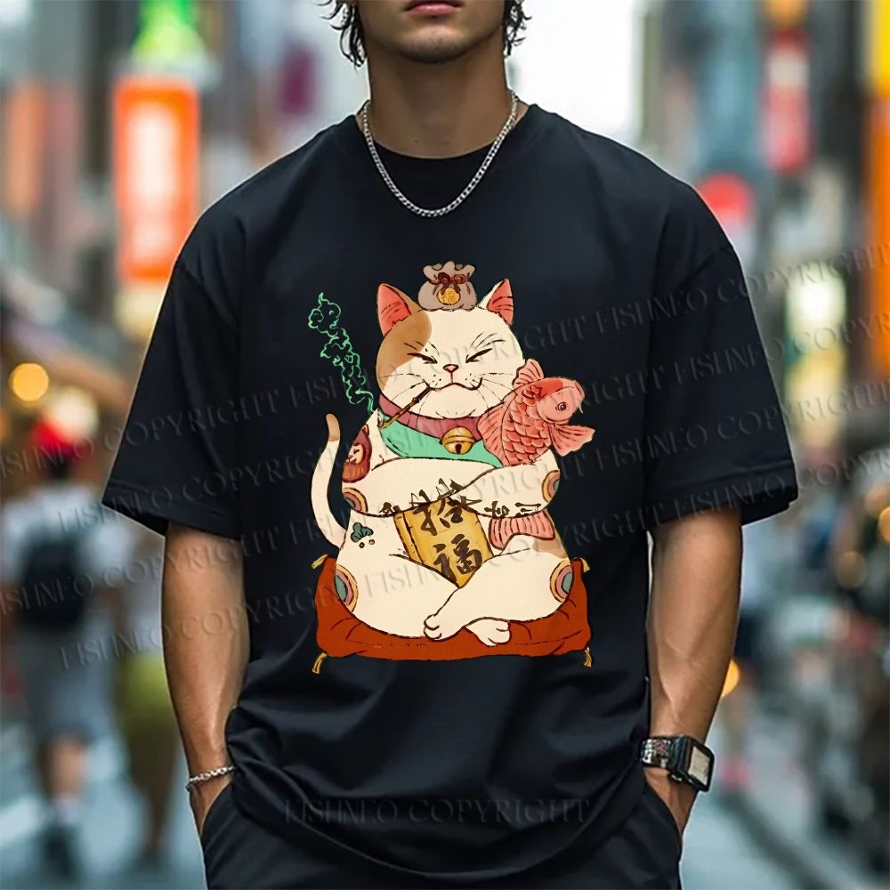 Unisex Vintage Fortune Cat Smoking Classic Cotton T-shirt