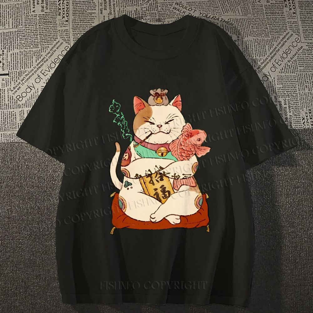 Unisex Vintage Fortune Cat Smoking Classic Cotton T-shirt
