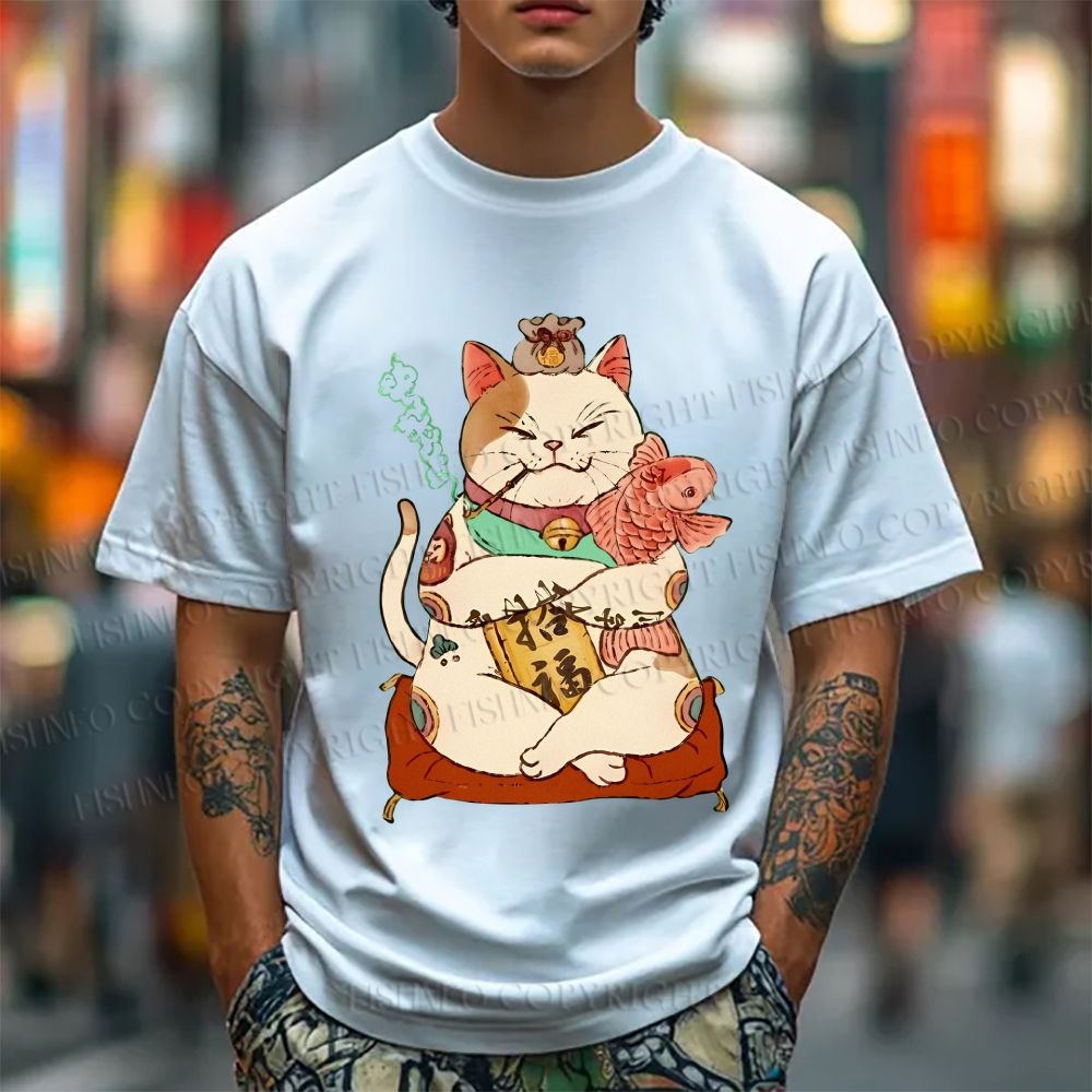 Unisex Vintage Fortune Cat Smoking Classic Cotton T-shirt