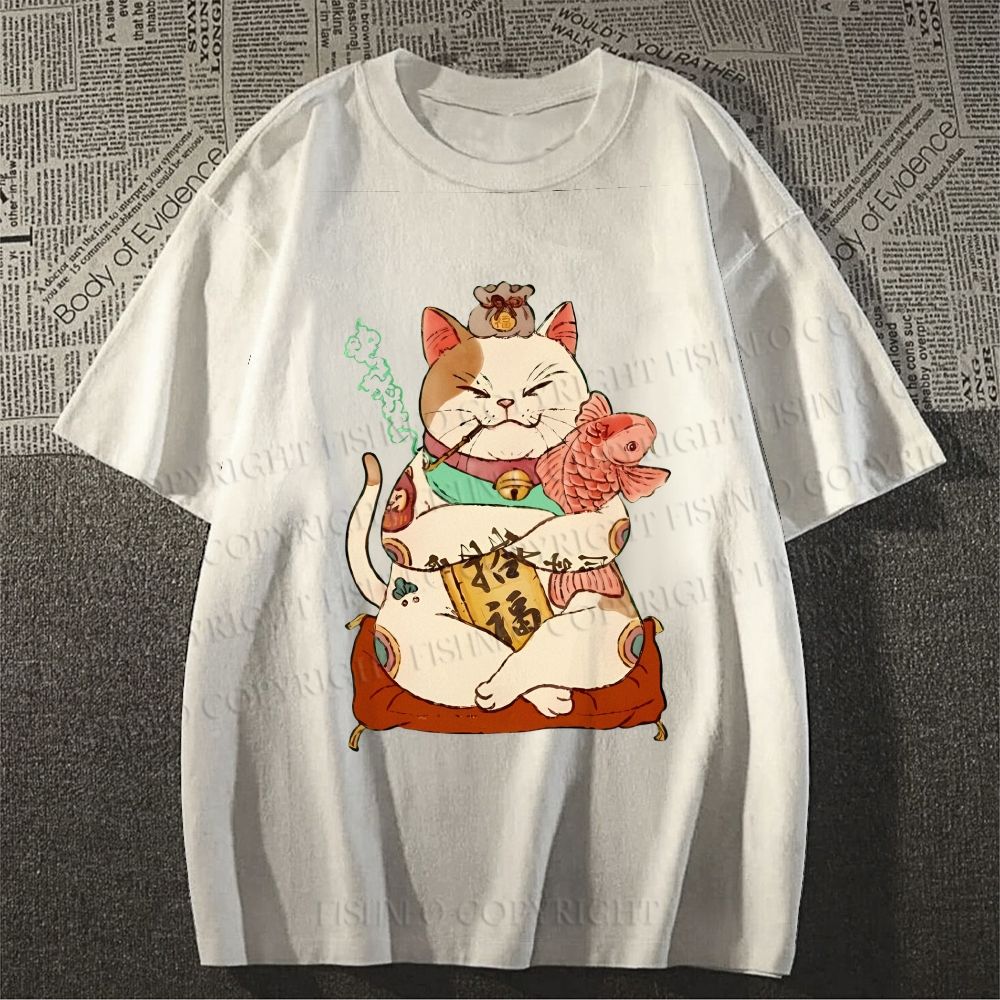 Unisex Vintage Fortune Cat Smoking Classic Cotton T-shirt