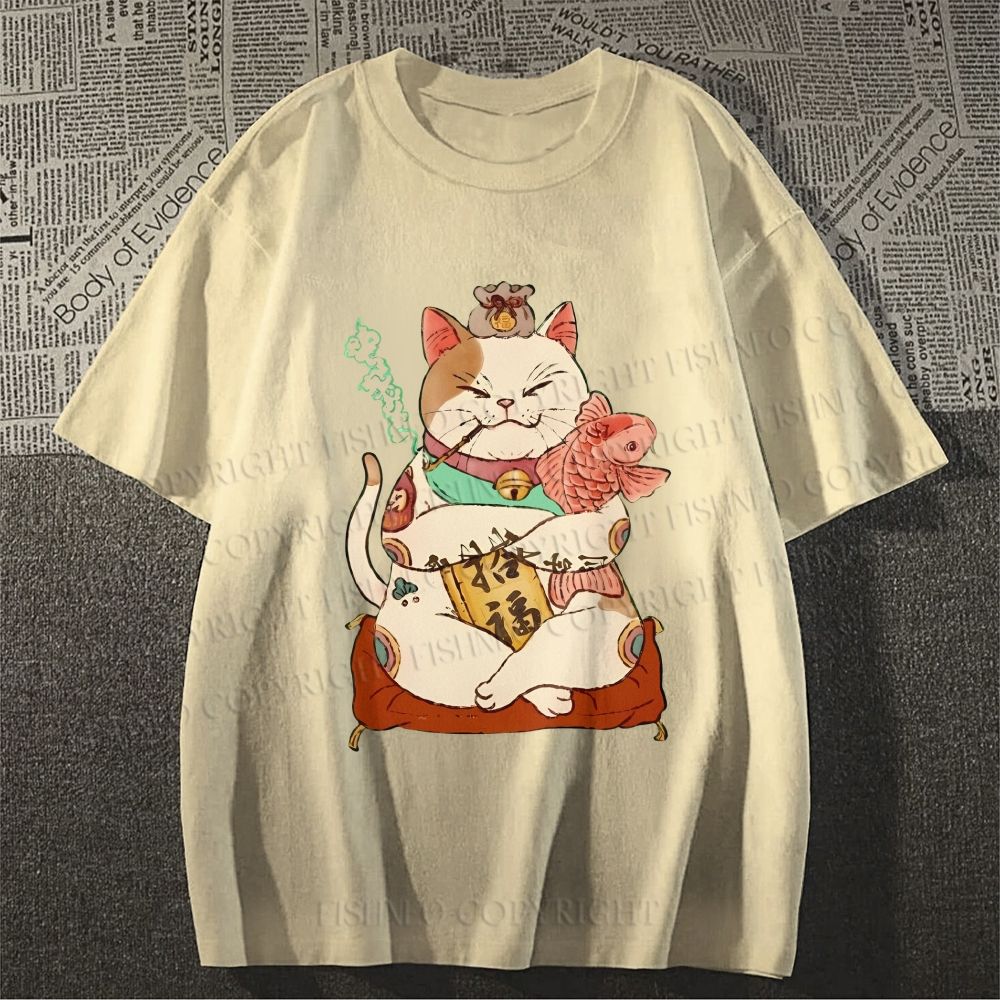 Unisex Vintage Fortune Cat Smoking Classic Cotton T-shirt
