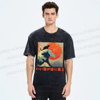 Unisex Japanese Cat Sea Wave Printed Washed Tee