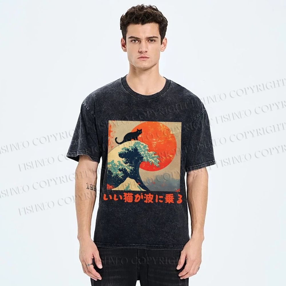 Unisex Japanese Cat Sea Wave Printed Washed Tee
