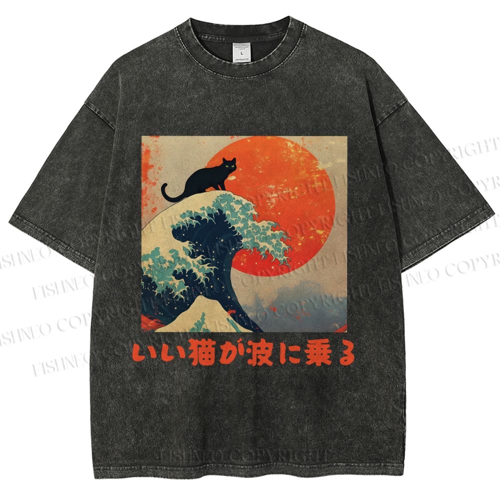 Unisex Japanese Cat Sea Wave Printed Washed Tee
