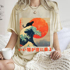Unisex Japanese Cat Sea Wave Printed Washed Tee