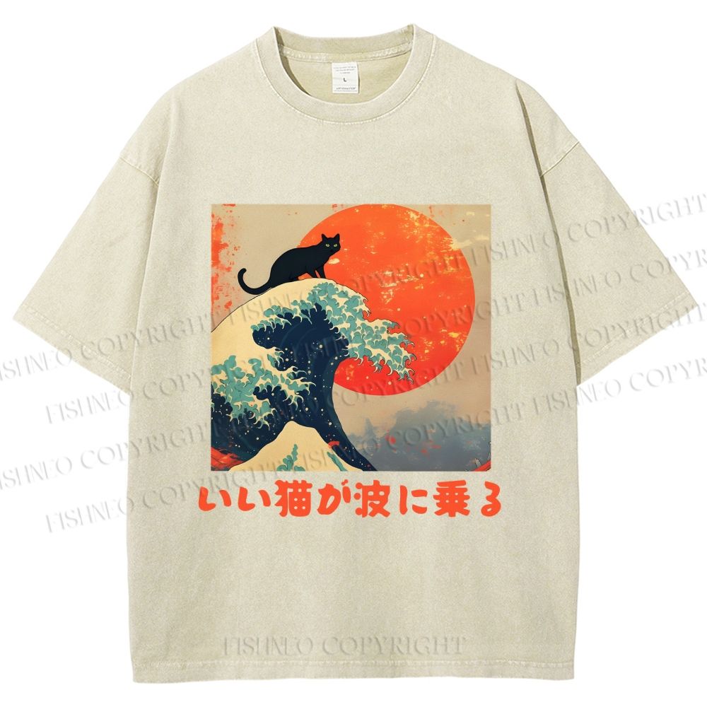 Unisex Japanese Cat Sea Wave Printed Washed Tee