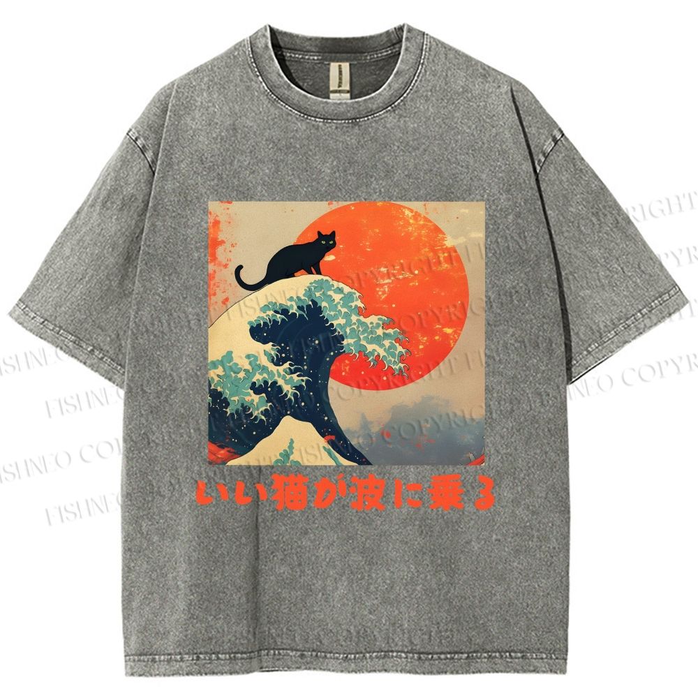 Unisex Japanese Cat Sea Wave Printed Washed Tee