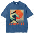 Unisex Japanese Cat Sea Wave Printed Washed Tee