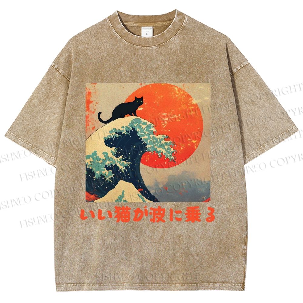 Unisex Japanese Cat Sea Wave Printed Washed Tee