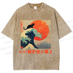 Unisex Japanese Cat Sea Wave Printed Washed Tee