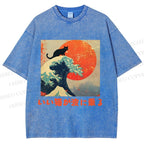 Unisex Japanese Cat Sea Wave Printed Washed Tee