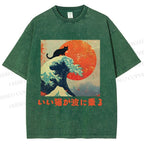 Unisex Japanese Cat Sea Wave Printed Washed Tee
