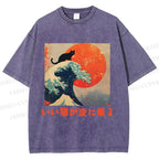 Unisex Japanese Cat Sea Wave Printed Washed Tee
