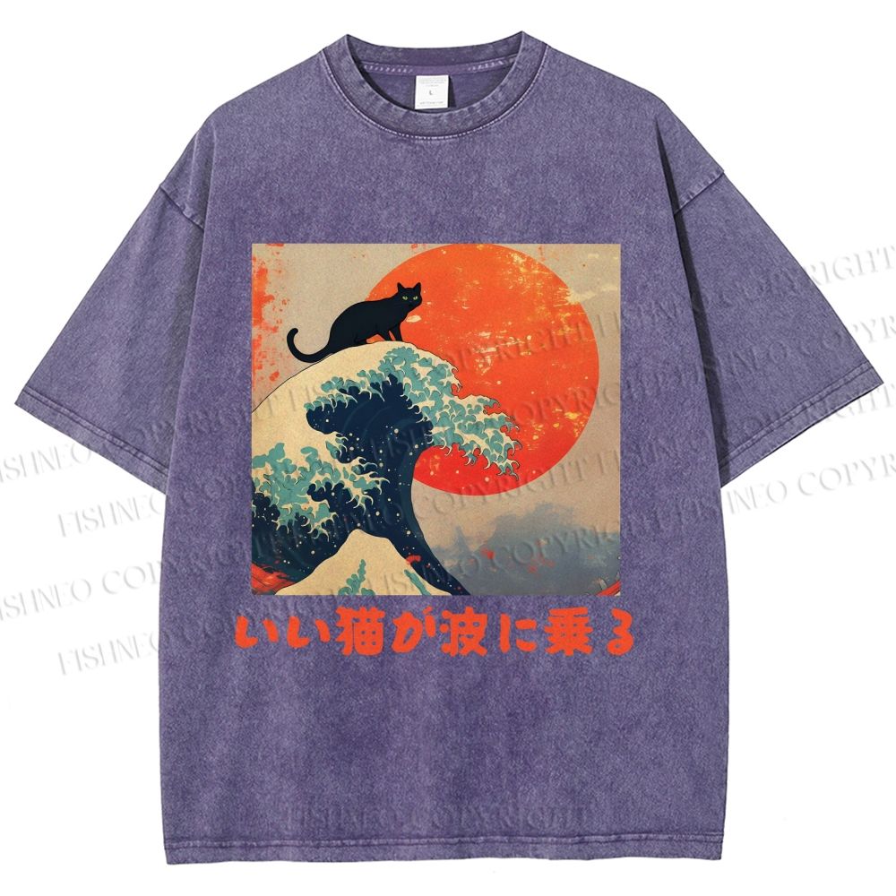 Unisex Japanese Cat Sea Wave Printed Washed Tee
