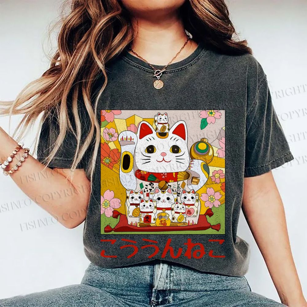 Unisex Japanese Fortune Cat Printed Washed Tee