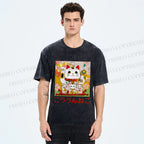 Unisex Japanese Fortune Cat Printed Washed Tee