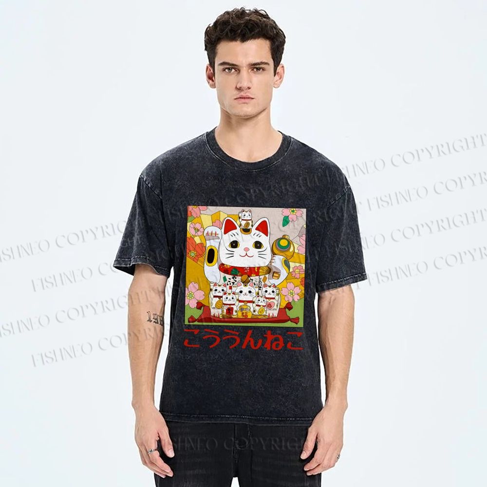 Unisex Japanese Fortune Cat Printed Washed Tee