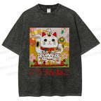 Unisex Japanese Fortune Cat Printed Washed Tee