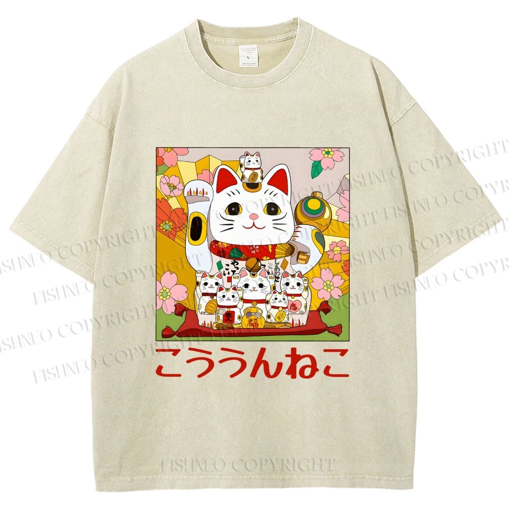 Unisex Japanese Fortune Cat Printed Washed Tee