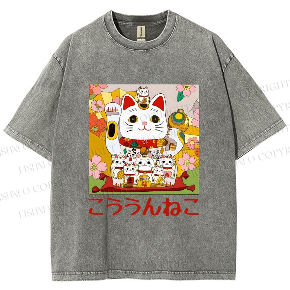 Unisex Japanese Fortune Cat Printed Washed Tee