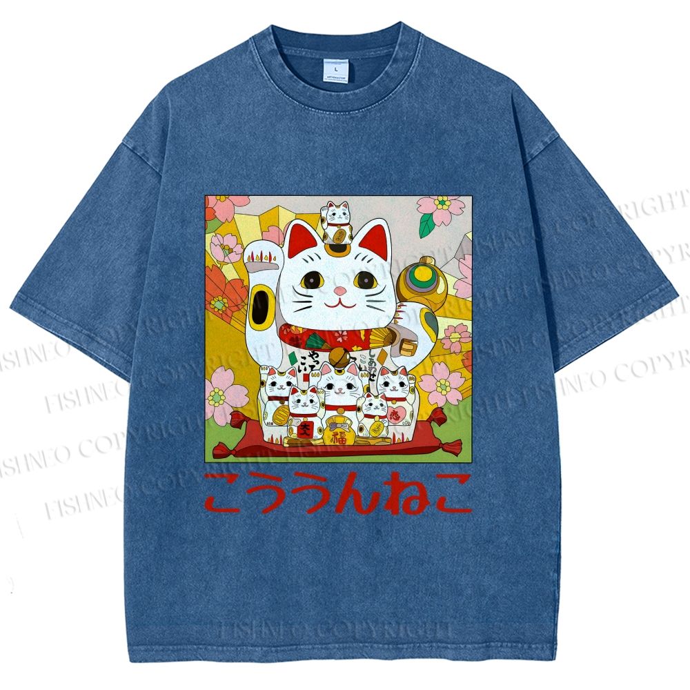 Unisex Japanese Fortune Cat Printed Washed Tee