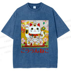 Unisex Japanese Fortune Cat Printed Washed Tee