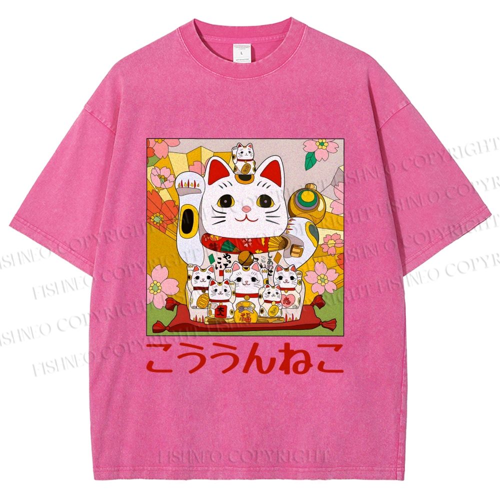 Unisex Japanese Fortune Cat Printed Washed Tee