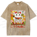 Unisex Japanese Fortune Cat Printed Washed Tee