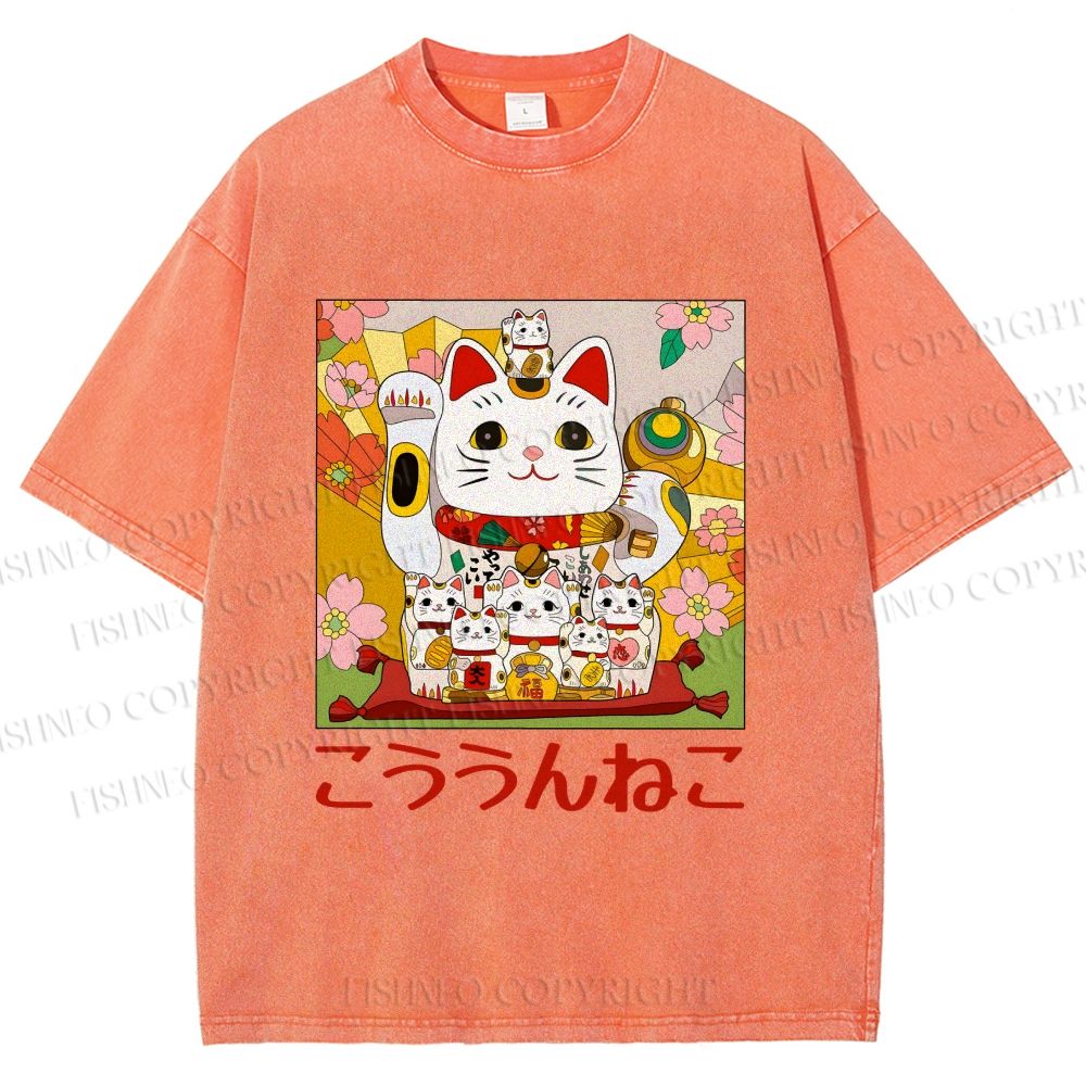 Unisex Japanese Fortune Cat Printed Washed Tee