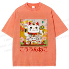 Unisex Japanese Fortune Cat Printed Washed Tee
