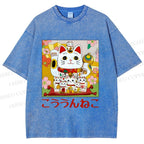 Unisex Japanese Fortune Cat Printed Washed Tee