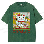 Unisex Japanese Fortune Cat Printed Washed Tee