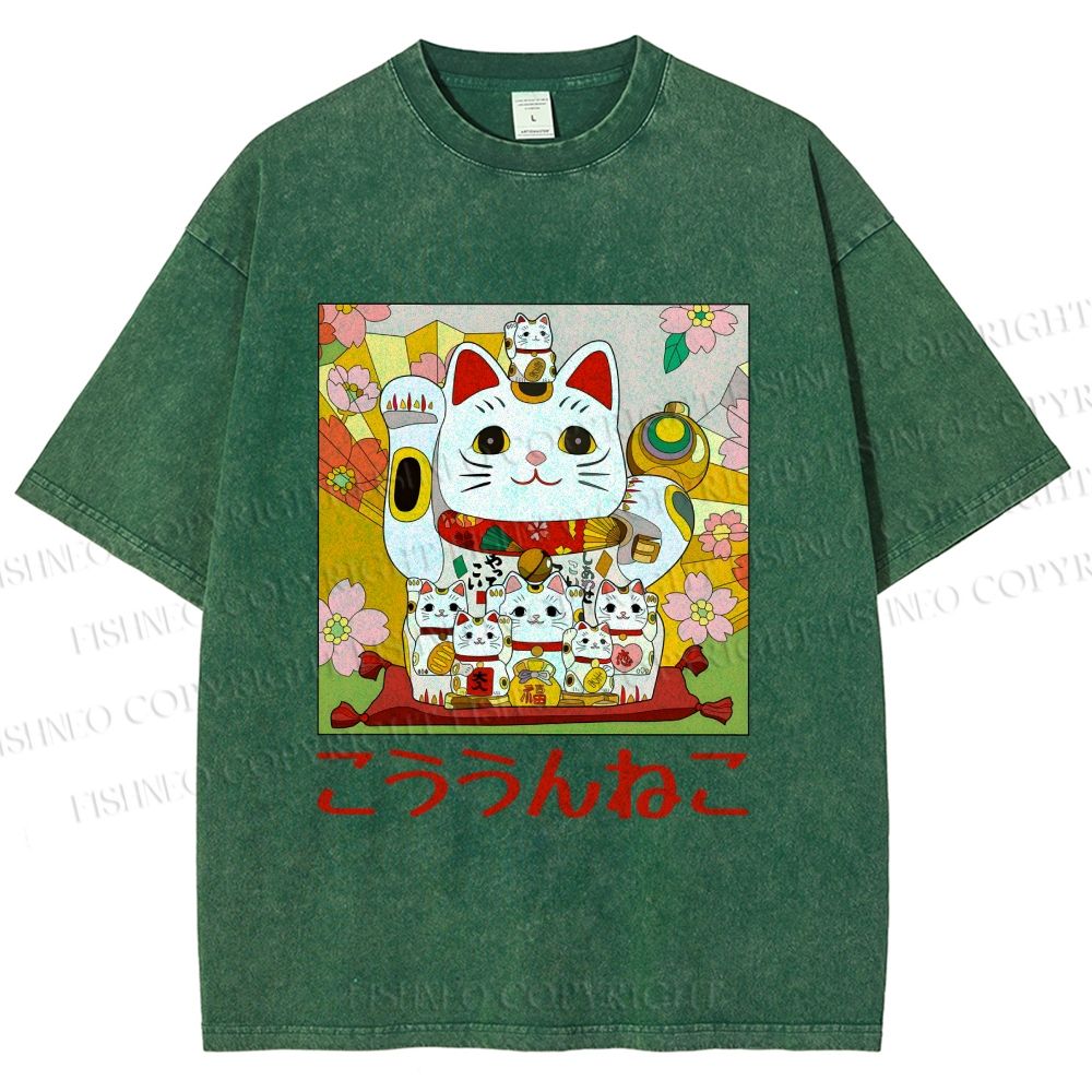 Unisex Japanese Fortune Cat Printed Washed Tee